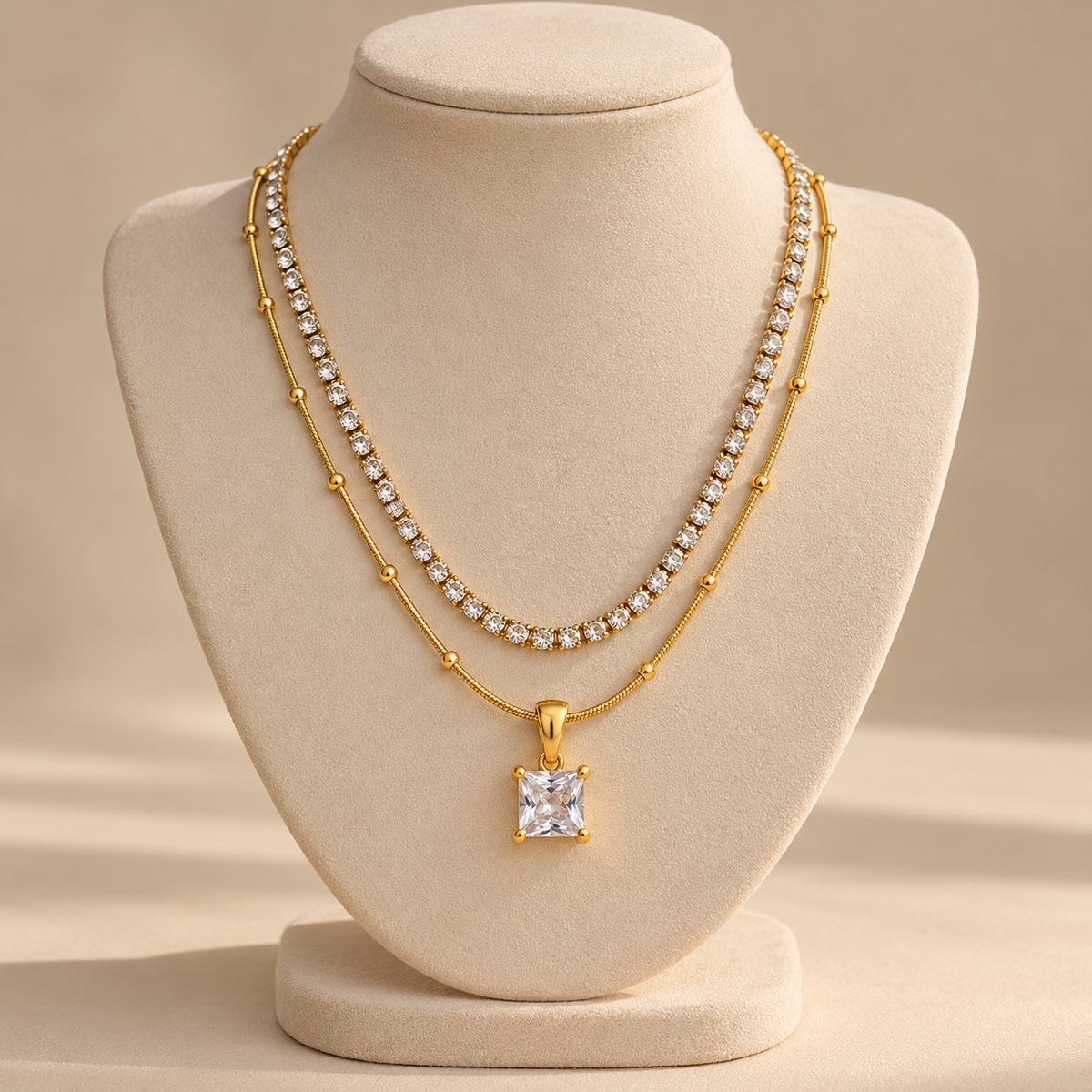 Golden Solitaire Square Pendant Necklace – Anti-Tarnish Stainless Steel