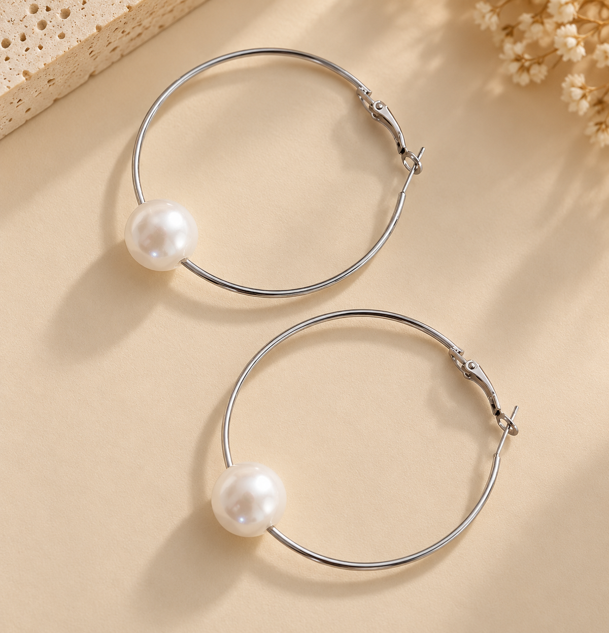 Silver Pearl Hoop Earrings – Stainless Steel | ZEBIA