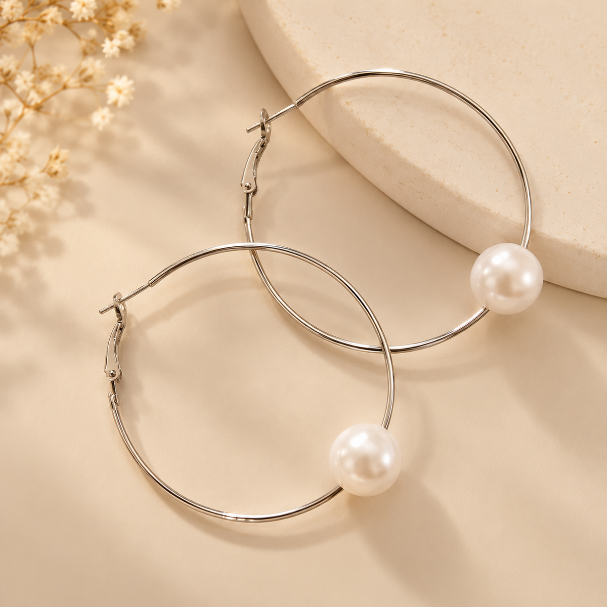 Silver Pearl Hoop Earrings – Stainless Steel | ZEBIA