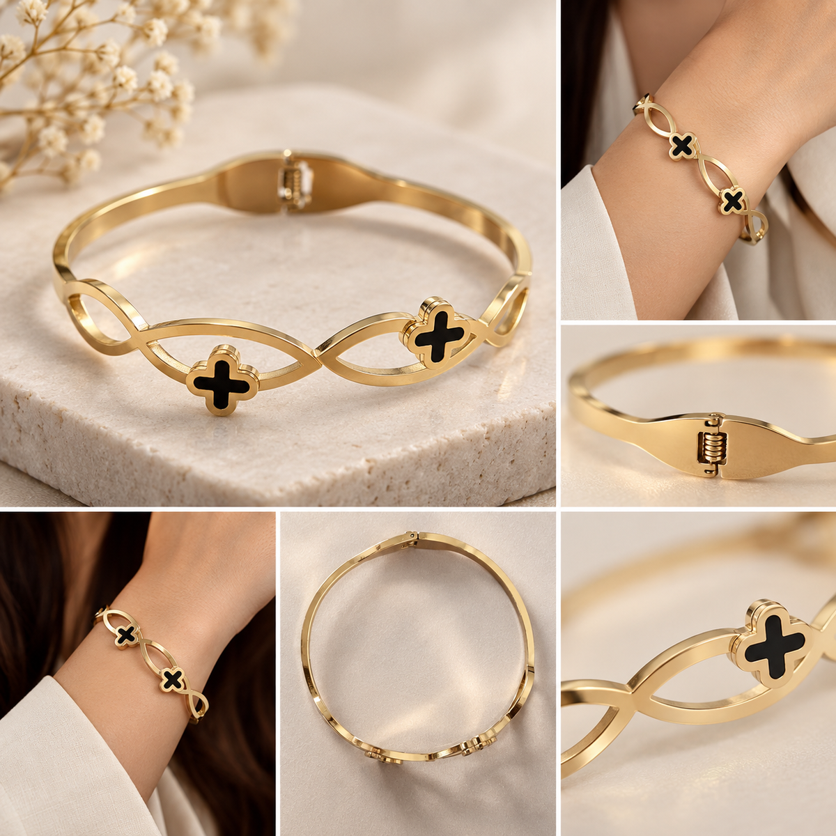 Gold-Tone Clover Link Cuff Bracelet – Elegant Statement Bangle