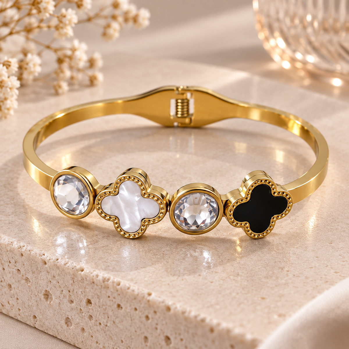 Golden Clover Crystal Cuff Bracelet – Elegant Statement Bangle