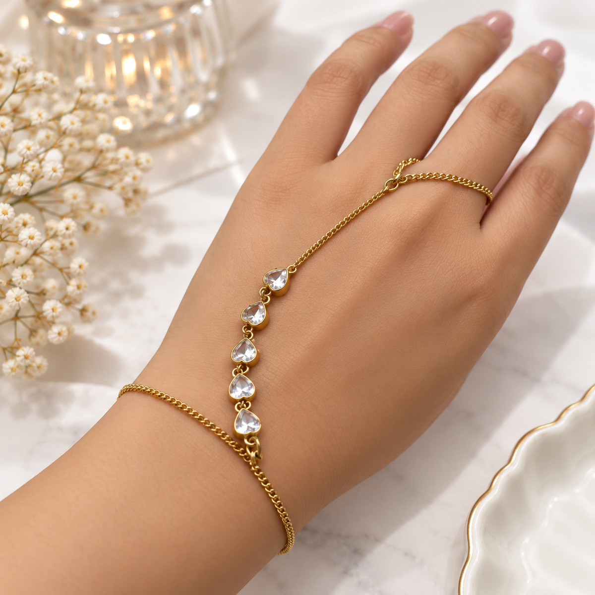 Gold-Tone Crystal Hand Chain Bracelet – Elegant Heart Link Haath Phool