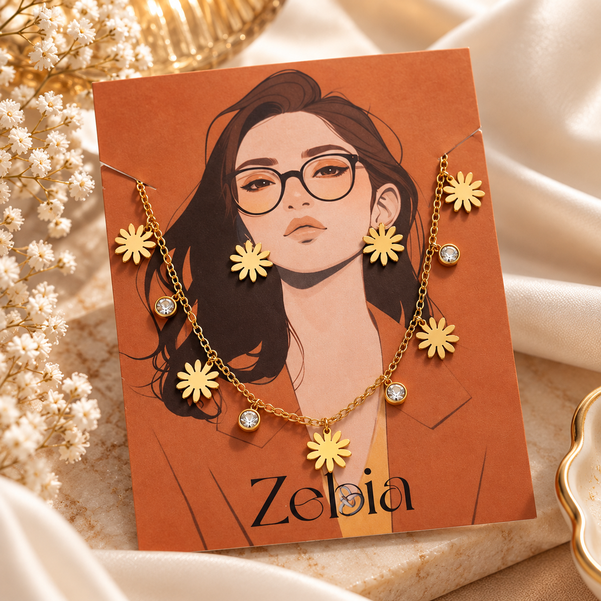 Gold-Tone Daisy Crystal Necklace – Elegant Floral Statement Necklace