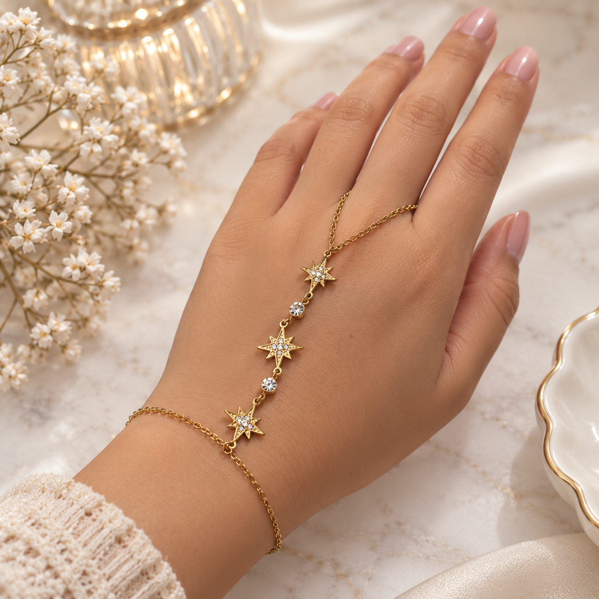Gold-Tone Starburst Crystal Hand Chain – Celestial Haath Phool