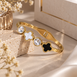 Golden Clover Crystal Cuff Bracelet – Elegant Statement Bangle