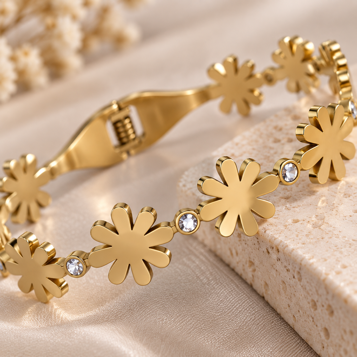 Golden Floral Crystal Cuff Bracelet – Elegant Statement Bangle