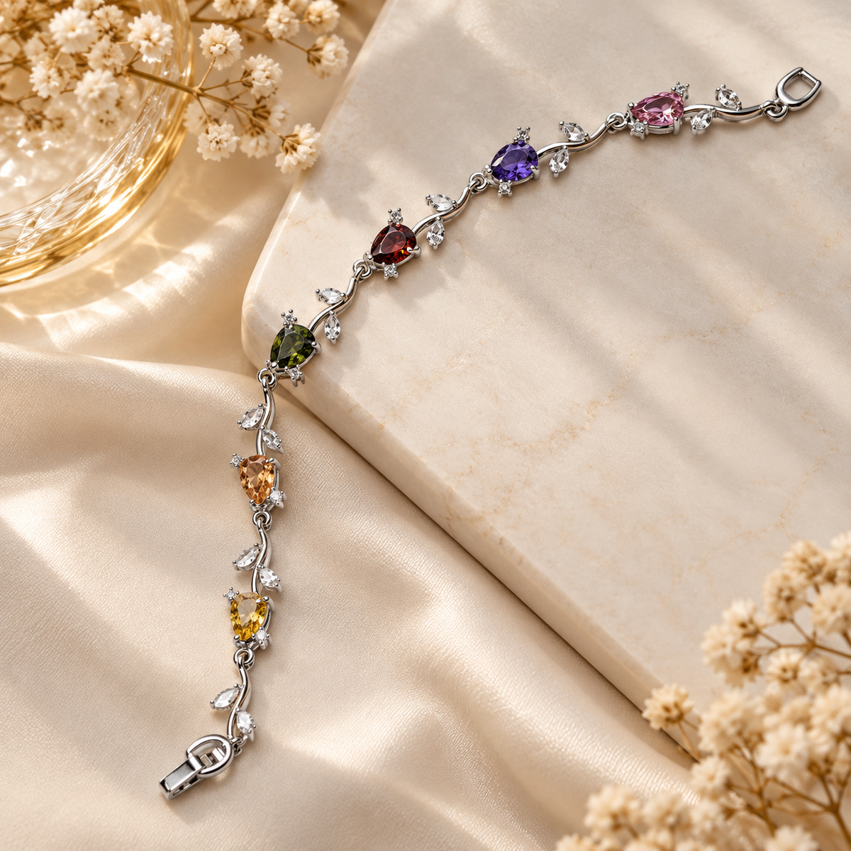 Multicolor Crystal Link Bracelet – Silver-Tone Elegant Gemstone Bracelet