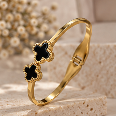 Black Clover Gold-Tone Cuff Bracelet – Elegant Statement Bangle
