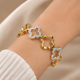 Gold-Tone Clover Crystal Link Bracelet – Elegant Statement Bangle
