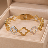 Gold-Tone Clover Crystal Link Bracelet – Elegant Statement Bangle