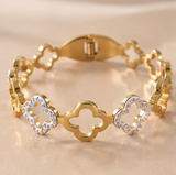 Gold-Tone Clover Crystal Link Bracelet – Elegant Statement Bangle