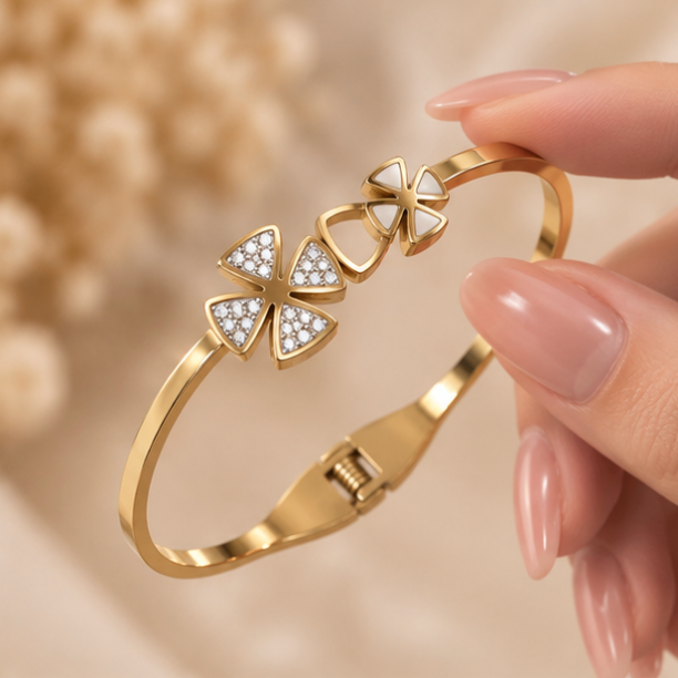 Gold-Tone Clover Crystal Cuff Bracelet – Elegant Statement Bangle