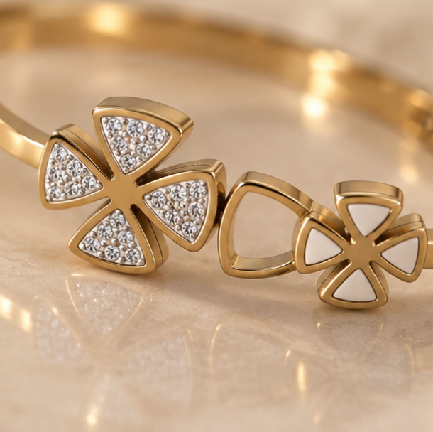 Gold-Tone Clover Crystal Cuff Bracelet – Elegant Statement Bangle