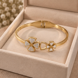 Gold-Tone Clover Crystal Cuff Bracelet – Elegant Statement Bangle