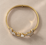 Gold-Tone Butterfly & Heart Crystal Cuff Bracelet – Elegant Statement Bangle