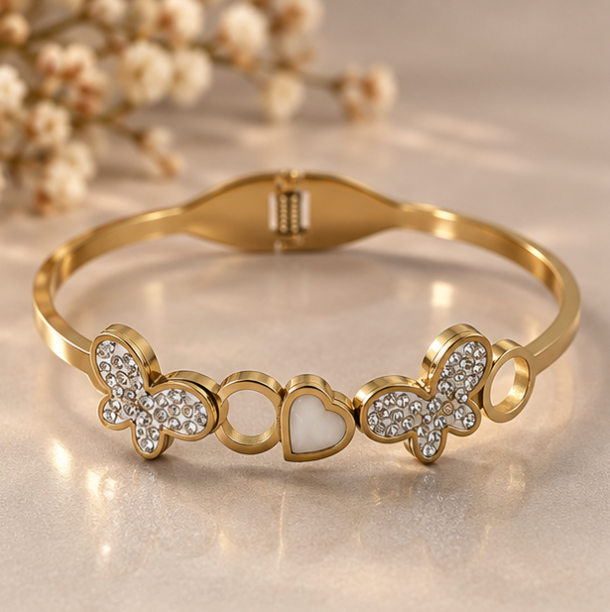 Gold-Tone Butterfly & Heart Crystal Cuff Bracelet – Elegant Statement Bangle