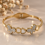 Gold-Tone Butterfly & Heart Crystal Cuff Bracelet – Elegant Statement Bangle
