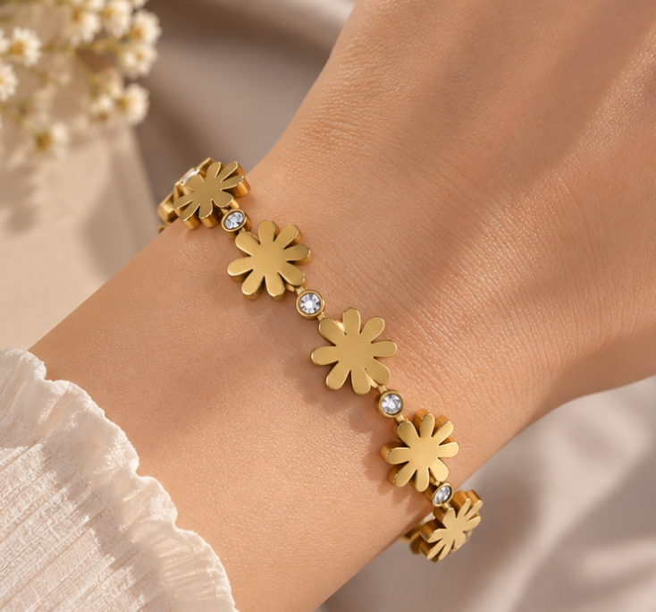 Golden Floral Crystal Cuff Bracelet – Elegant Statement Bangle