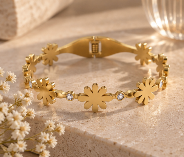 Golden Floral Crystal Cuff Bracelet – Elegant Statement Bangle