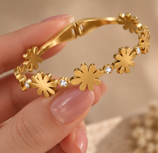 Golden Floral Crystal Cuff Bracelet – Elegant Statement Bangle