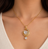 Gold-Tone Heart & Crescent Crystal Pendant Necklace – Elegant Statement Jewellery