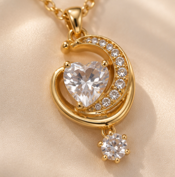 Gold-Tone Heart & Crescent Crystal Pendant Necklace – Elegant Statement Jewellery