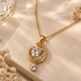 Gold-Tone Heart & Crescent Crystal Pendant Necklace – Elegant Statement Jewellery
