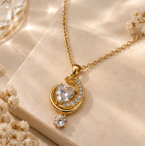 Gold-Tone Heart & Crescent Crystal Pendant Necklace – Elegant Statement Jewellery