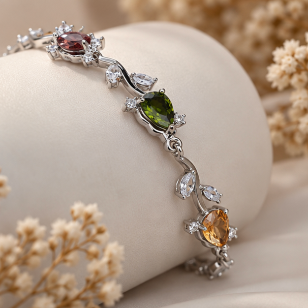 Multicolor Crystal Link Bracelet – Silver-Tone Elegant Gemstone Bracelet