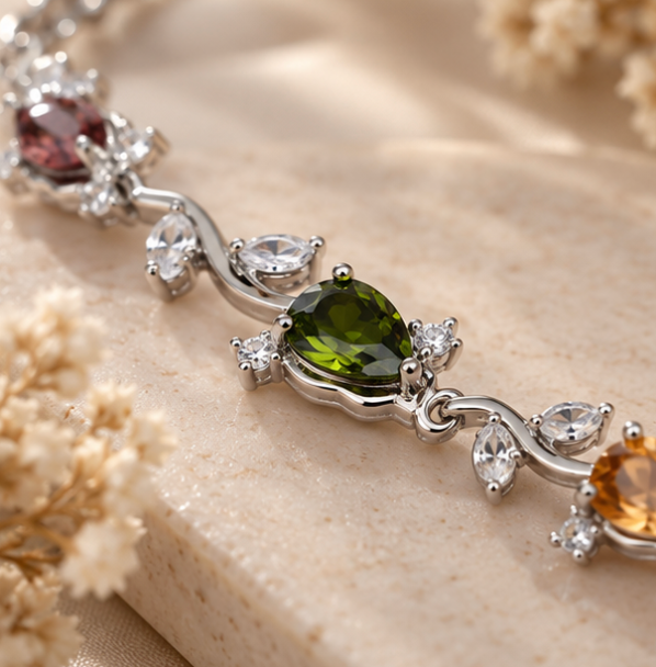 Multicolor Crystal Link Bracelet – Silver-Tone Elegant Gemstone Bracelet