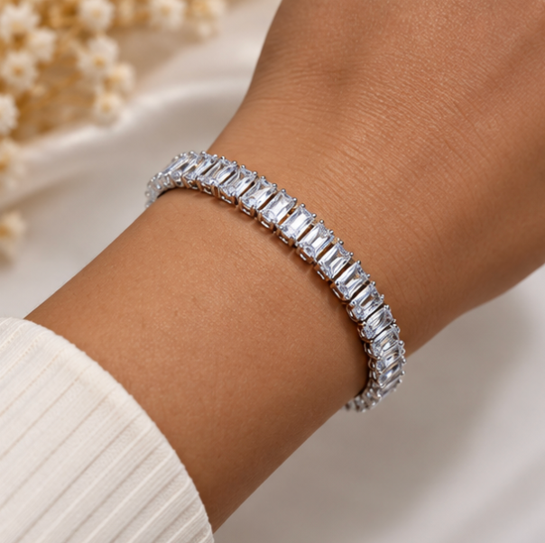 Silver-Tone Tennis Bracelet – Classic CZ Crystal Link Bracelet