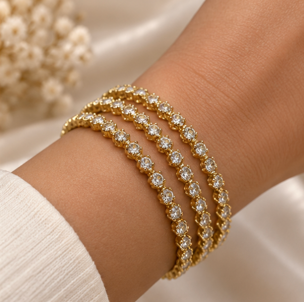 Gold-Tone Crystal Tennis Bracelet Set – 3-Piece Layered Bracelet Set