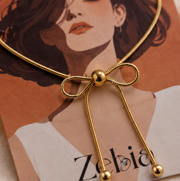 Gold-Tone Bow Lariat Necklace – Elegant Adjustable Statement Necklace