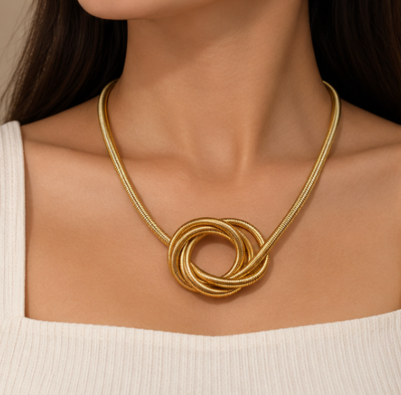 Gold-Tone Spiral Circle Pendant Necklace – Modern Statement Necklace