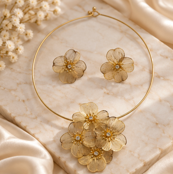 Gold-Tone Floral Statement Necklace & Earrings Set – Elegant Flower Jewellery