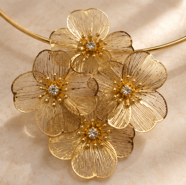 Gold-Tone Floral Statement Necklace & Earrings Set – Elegant Flower Jewellery