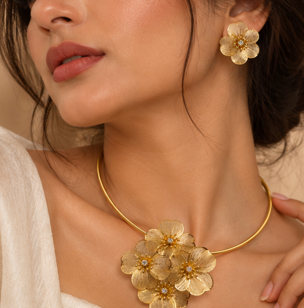 Gold-Tone Floral Statement Necklace & Earrings Set – Elegant Flower Jewellery