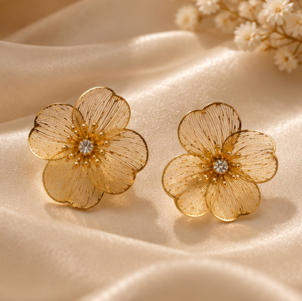 Gold-Tone Floral Statement Necklace & Earrings Set – Elegant Flower Jewellery