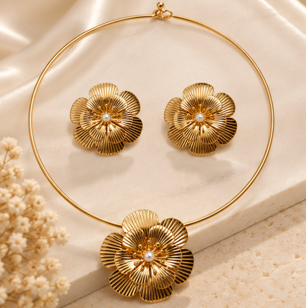 Gold-Tone Floral Statement Necklace & Earrings Set – Pearl Center
