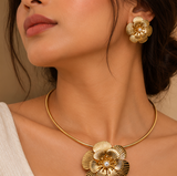 Gold-Tone Floral Statement Necklace & Earrings Set – Pearl Center