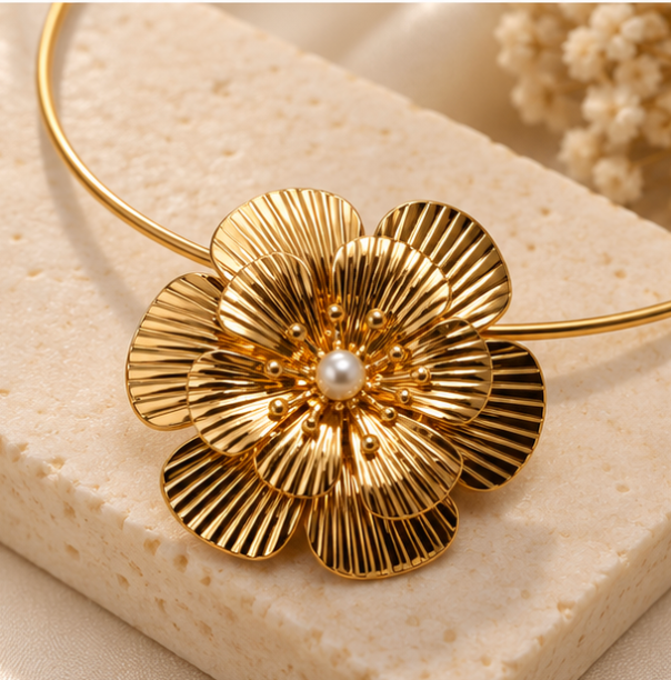 Gold-Tone Floral Statement Necklace & Earrings Set – Pearl Center