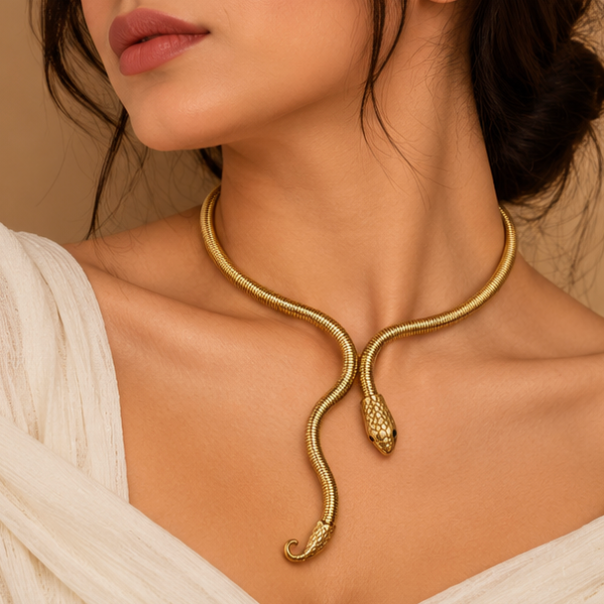 Gold-Tone Snake-Style Open Collar Necklace