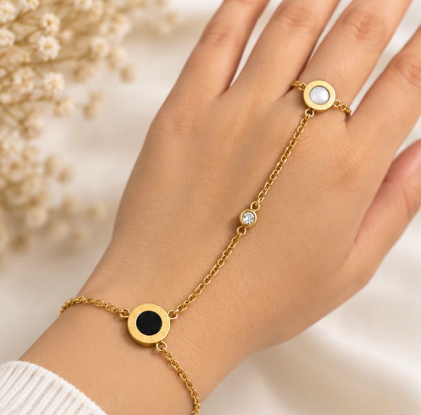 Gold-Tone Black & White Circle Hand Chain Bracelet – Modern Haath Phool