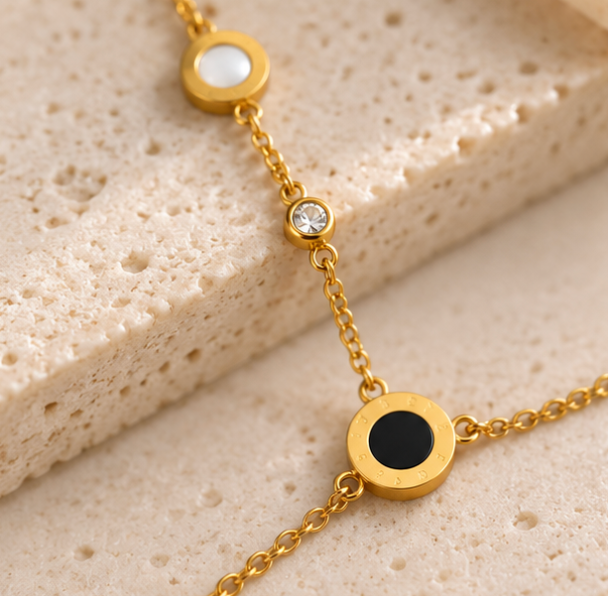 Gold-Tone Black & White Circle Hand Chain Bracelet – Modern Haath Phool