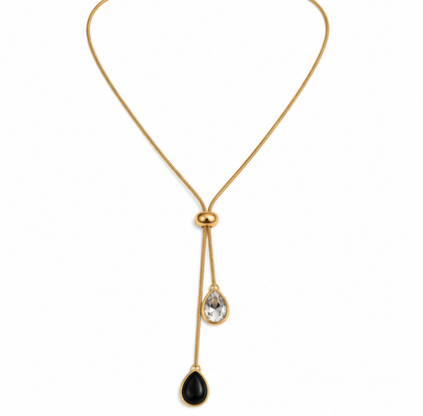 Gold-Tone Black & Crystal Teardrop Lariat Necklace – Elegant Statement Necklace