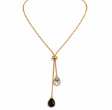 Gold-Tone Black & Crystal Teardrop Lariat Necklace – Elegant Statement Necklace