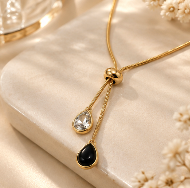 Gold-Tone Black & Crystal Teardrop Lariat Necklace – Elegant Statement Necklace