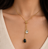 Gold-Tone Black & Crystal Teardrop Lariat Necklace – Elegant Statement Necklace