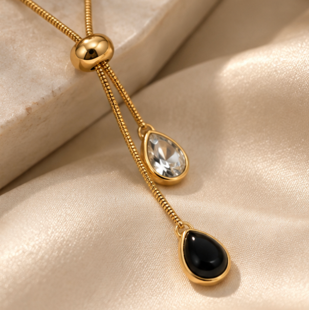 Gold-Tone Black & Crystal Teardrop Lariat Necklace – Elegant Statement Necklace