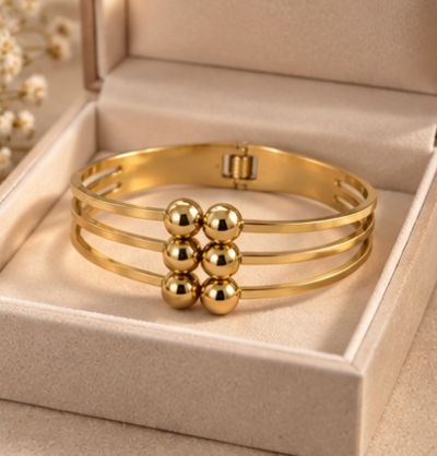 Gold-Tone Multi-Strand Beaded Cuff Bracelet – Elegant Statement Bangle